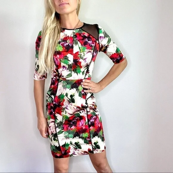 Milly New York Floral Sheath Dress with Mesh Inset & Piping - Picture 2 of 16